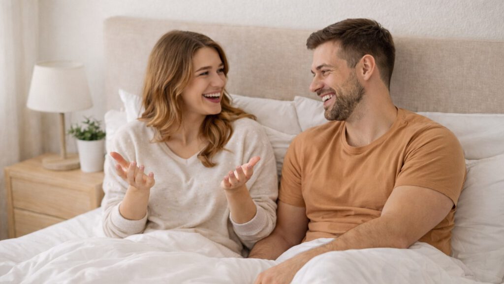 Paar im Bett im Gespräch über Sexualität, Probleme und Lösungen nach einer Beratung.