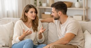 in Paar sitzt auf dem Sofa und spricht einfühlsam über ihre sexuellen Bedürfnisse und das, was ihnen in der Beziehung fehlt.