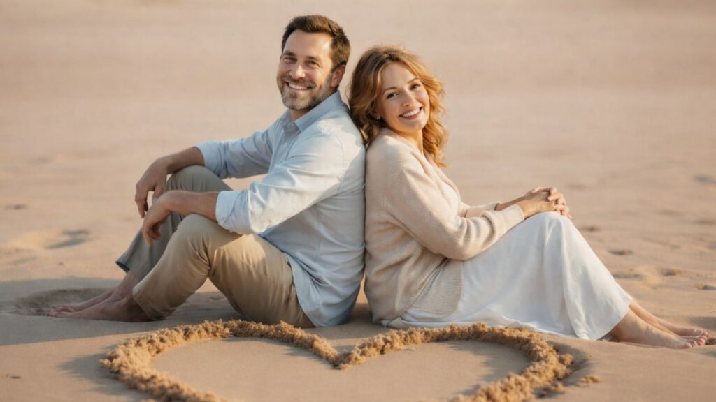 Paar sitzt am Strand vor einem in den Sand gezeichneten Herz – Symbol für den vertrauensvollen Ablauf und die lohnende Investition in eine Sexualberatung.