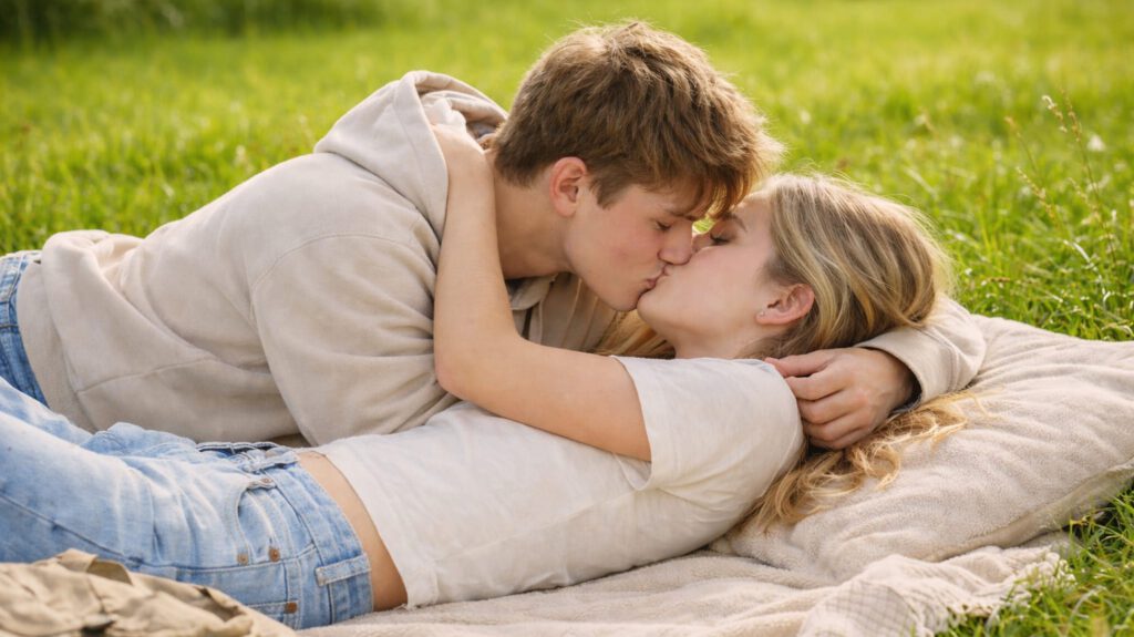 Ein jugendliches Paar liegt entspannt auf einer Wiese, Symbolbild für junge Liebe und erste Erfahrungen in der Sexualität und Partnerschaft.