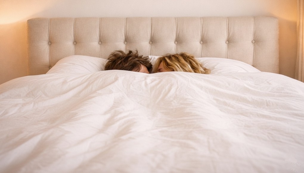 Paar in tiefer Vertrautheit unter einer Bettdecke, Symbol für Intimität und das Ablegen der Rüstung des Funktionierens in der Beratung zu Sexualität und Intimität.